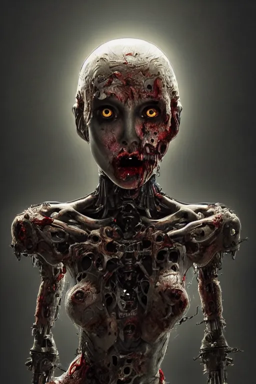 Image similar to portrait of a female zombie robot, intricate, dystopian terror, fangs, extremely detailed, digital painting, sculpted in zbrush, artstation, concept art, smooth, sharp focus, illustration, chiaroscuro lighting, golden ratio, rule of thirds, fibonacci, incredible art by Stanley Artgerm Lau and Greg Rutkowski, composition by mike mignola and Simon Stalenhag,