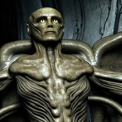 Prompt: prometheus movie still frame by giger, marble bismuth and alabaster cyclop ironman