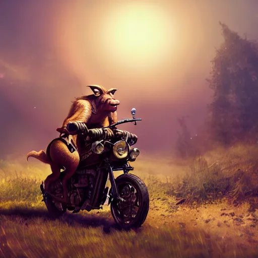 Prompt: a goblin riding a steampunk motorcycle on a dirt road in a meadow in mid day, volumetric light, hyperdetailed, artstation, cgsociety, 8k