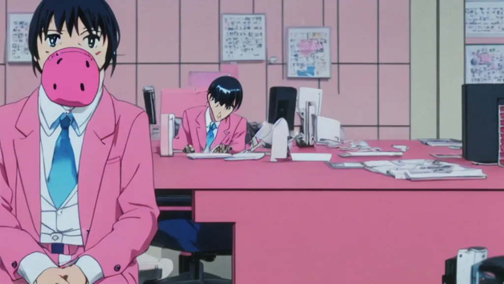 Image similar to a man wearing a pink suit and a pink pig mask sitting in an office, anime film still from the an anime directed by Katsuhiro Otomo with art direction by Salvador Dalí, wide lens