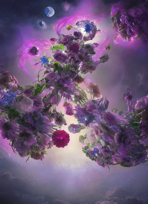 Image similar to An epic fantastic realism comic book style painting of the most beautiful entwined flowers launched across the dark galactic night sky, nebulous bouquets, fisheye lens, unreal 5, DAZ, hyperrealistic, octane render, dynamic lighting