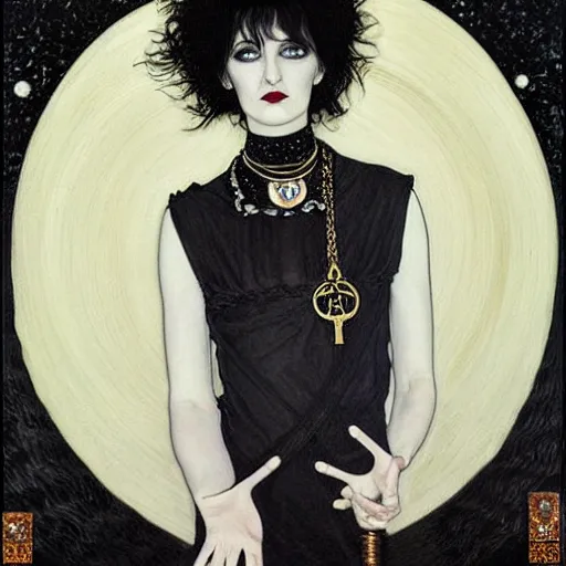 Image similar to death, a young and beautiful pale goth girl wearing a black vest and black punk hair, an ankh medallion hangs around her neck. the actress winona ryder, portrait by joshua middleton and gustav klimt, vertigo comic