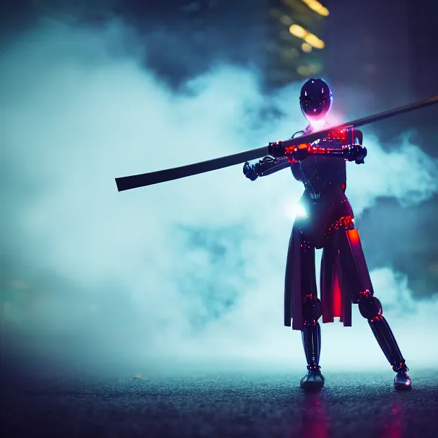 Image similar to robot woman fire dance holding katana, detailed pose energy, shibuya prefecture, cinematic lighting, fog mist smoke, photorealistic, night photography by tomino - sama