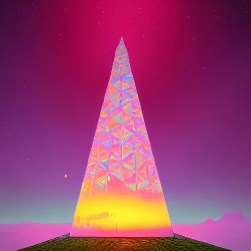 Image similar to a beautiful matte painting of colorful giant glowing crystal obelisks in serene landscape by beeple, featured on Artstation, digital art, rectilinear