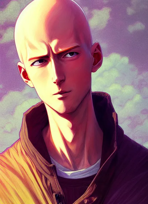 Image similar to handsome saitama, half body shot, path traced, cape, highly detailed, high quality, digital painting, alena aenami, lilia alvarado, shinji aramaki, karol bak, alphonse mucha, tom bagshaw