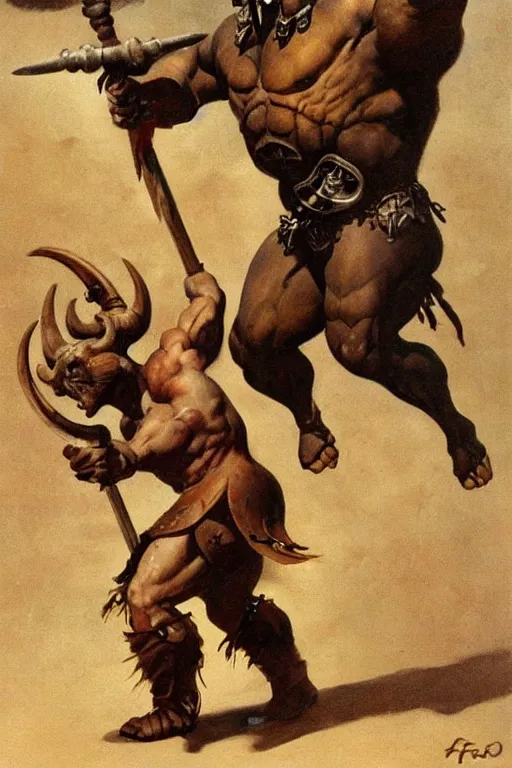 Image similar to a minotaur wearing a steel chestplate and holding a mace, human dressed as a bull, painting by frank frazetta