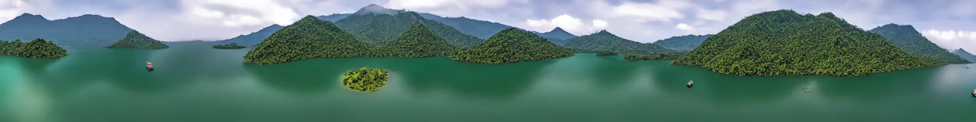 Image similar to wide angle view, 3d stereoscopic equirectangular 360 on a small boat at lake Batur, fov 90 degrees, horizon centered, yaw 0 degrees