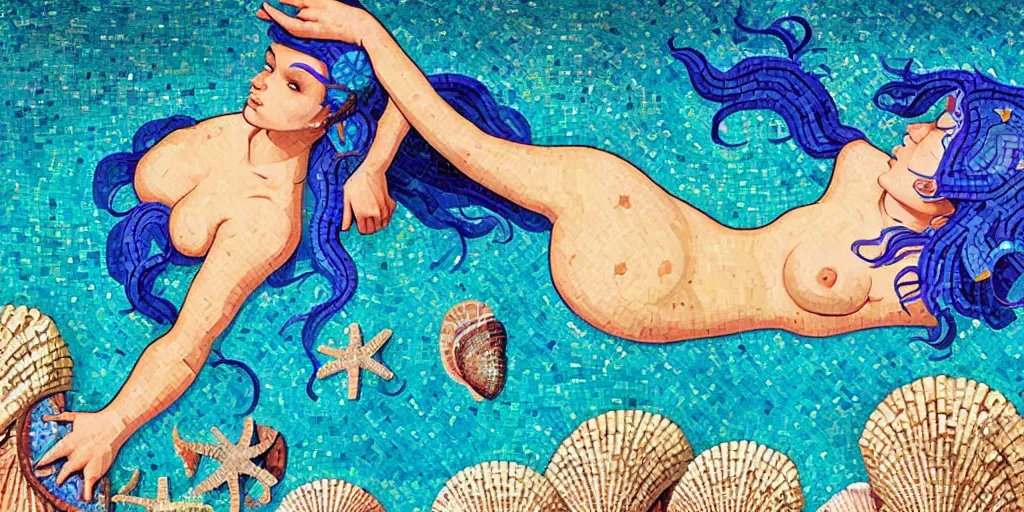 Prompt: ancient roman mosaic of bluehair mermaid with a shell bikini on sea floor, low ceiling, illustration by moebius, rhads, dan mumford, victo ngai, clean thick line, comics style