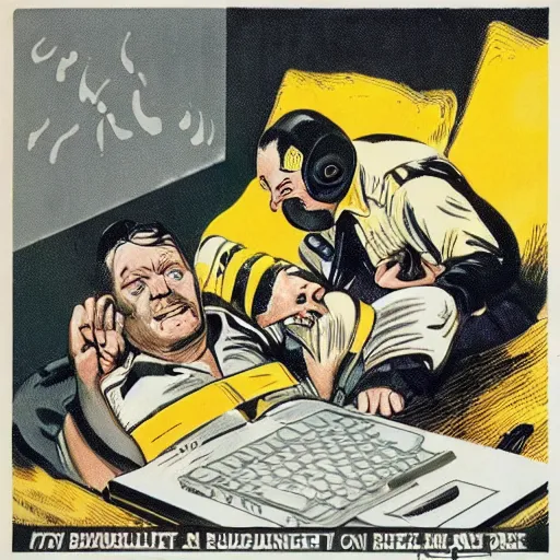 Prompt: bumblebees drop bombs onto a sleeping man at a computer, highly detailed, ww 2 american propoganda poster, colorized