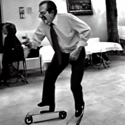 Prompt: Photo of President Nixon rollerblading in a Mexican restaurant, award-winning front-page newspaper, grainy, 1970s