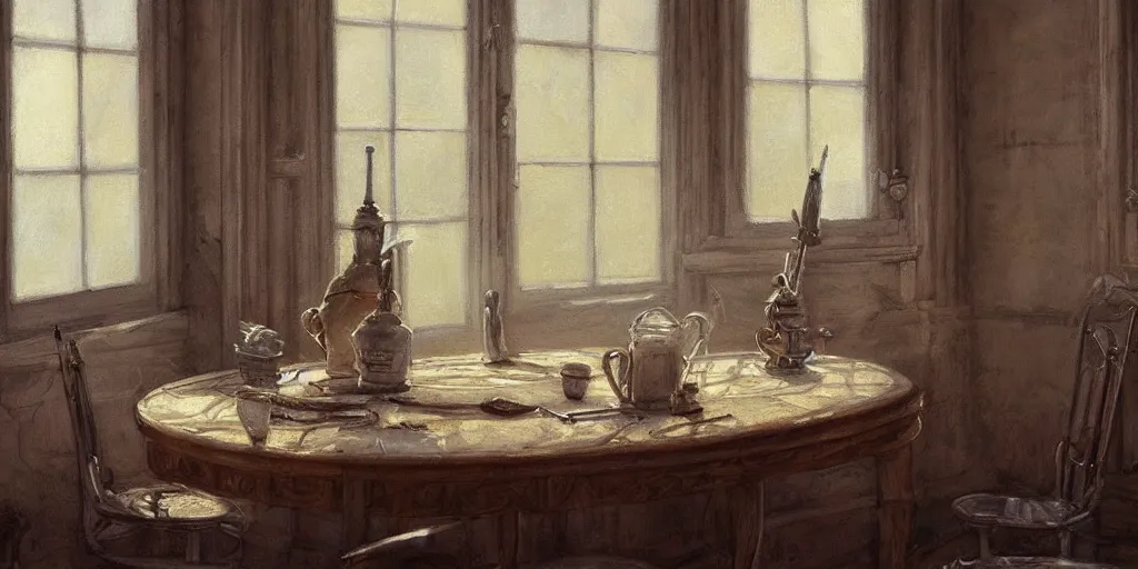 Prompt: a beautiful detailed painting, rapiers on a table, morning light through a window, didier graffet, artstation