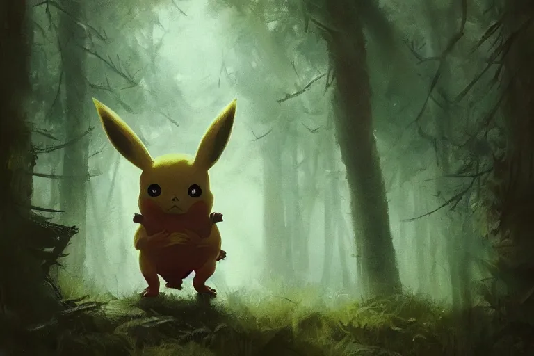 Image similar to Pikachu in the forest, horror, illustrated by Greg Rutkowski and Caspar David Friedrich, Trending on artstation, artstationHD, artstationHQ