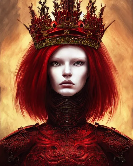 Prompt: redhead queen in heavy red armor, inside an epic gothic castle, baroque, large crown helmet, face with scars, psychopath, aristocratic, intimidating, ominous, high fantasy, intricate detail, digital painting, artstation, concept art, smooth, sharp focus, illustration, art by yoshitaka amano and monia merlo and wlop