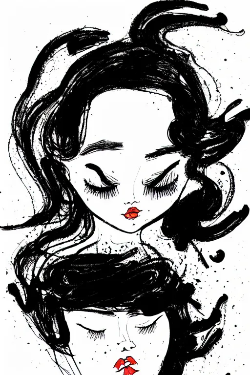 Girl with Big Eyes Ink Dot Art - DianaArtsAndCrafts - Drawings