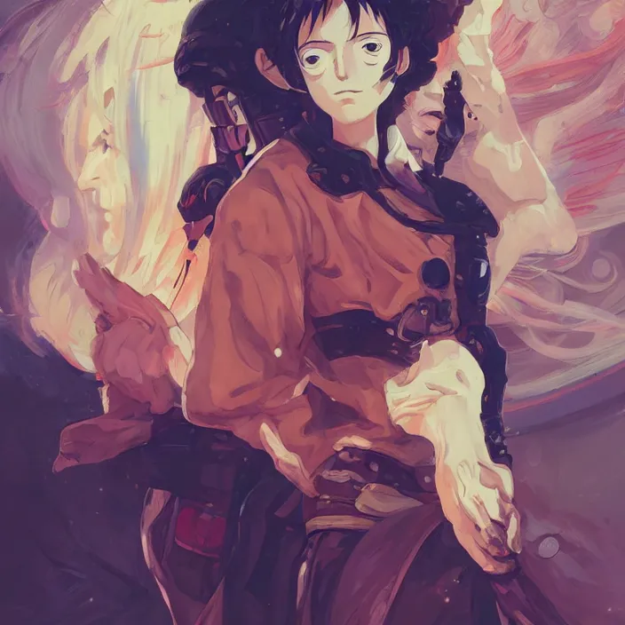 Prompt: anime portrait one piece, futuristic science fiction, mucha, hard shadows and strong rim light, art by jc leyendecker and atey ghailan and sachin teng