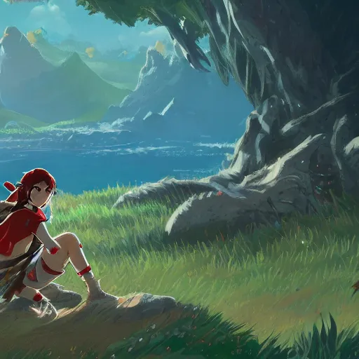 Prompt: princess mononoke , breath of the wild, landscape in style of , trending on Artstation, 8K