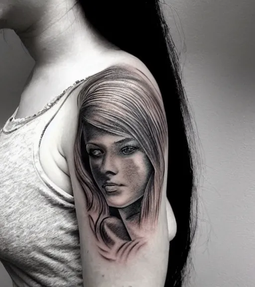 Prompt: tattoo design sketch of an extremely beautiful woman face with a faded background of stunning mountain view on her side, hyper - realistic, in the style of matteo pasqualin, amazing detail, black and white, faded