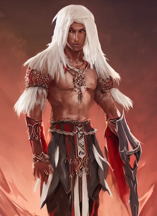 Image similar to a highly detailed illustration of white haired african priest, wearing cross on robe, wielding red blades made of blood, evil standing smiling pose, muscular, intricate, elegant, highly detailed, centered, digital painting, artstation, concept art, smooth, sharp focus, league of legends concept art, WLOP