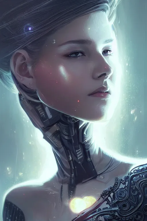 Image similar to beautiful female android in distress!, black shiny eyes, half portrait, background explosion, intricate detailed environment, floro details, intricate, elegant, highly detailed, digital painting, artstation, concept art, smooth, sharp focus, illustration, art by artgerm and greg rutkowski and brian sum,