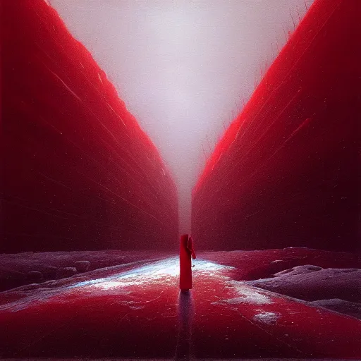 Image similar to a painting of a person standing in the snow, blizzard, a surrealist painting by zdzisław beksinski and by alena aenami, deviantart, nuclear art, dystopian art, apocalypse landscape, red color scheme, surrealist