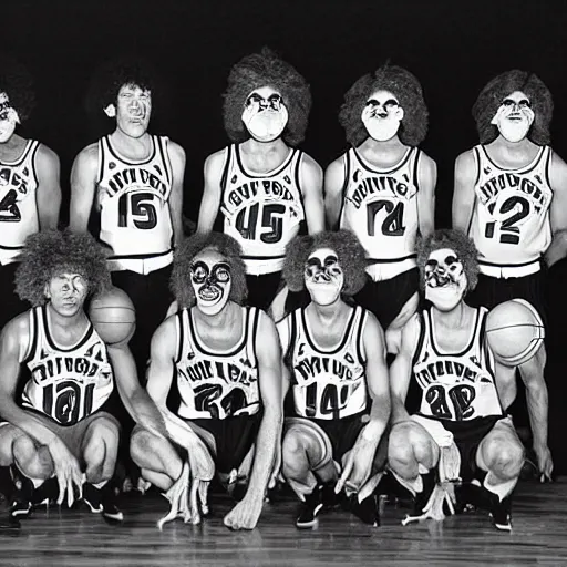 Prompt: a basketball team of einstein lookalikes dressed as the teenage mutant ninja turtles posing for a team photo in 1976