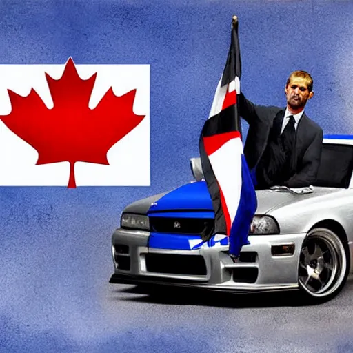 Image similar to Paul Walker holding Canadian flag next a blue r34 skyline, painting