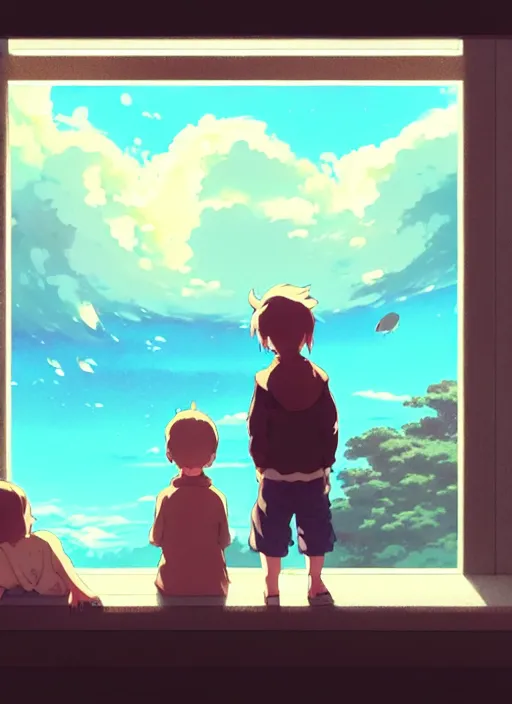 Prompt: boy and girl watching outside from a window, big whales on are on the the sky, illustration concept art anime key visual trending pixiv fanbox by wlop and greg rutkowski and makoto shinkai and studio ghibli