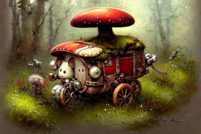 Image similar to adventurer ( ( ( ( ( 1 9 5 0 s retro future robot android fat mouse house wagon mushrooms, flowers, moss. muted colors. ) ) ) ) ) by jean baptiste monge!!!!!!!!!!!!!!!!!!!!!!!!! chrome red