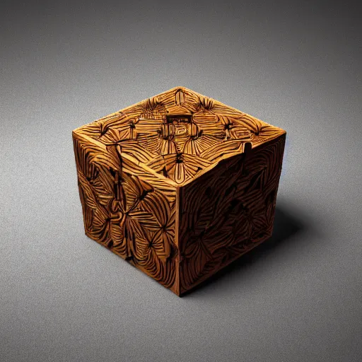 Prompt: rubic's cube made out of carved wood on a dark biome, au naturel, hyper detailed, digital art, trending in artstation, cinematic lighting, studio quality, smooth render, unreal engine 5 rendered, octane rendered, art style by klimt and nixeu and ian sprigger and wlop and krenz cushart