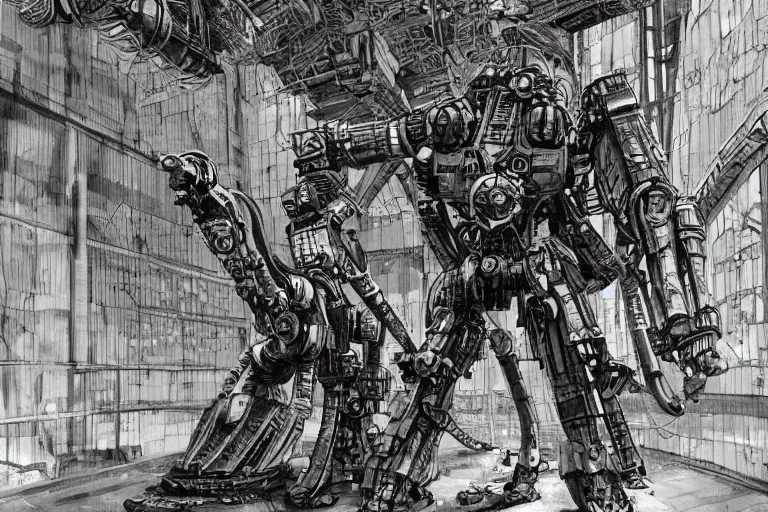 Image similar to dieselpunk mechs in shape of dragonfly that look like Dragonfly, inside an gigantic underground concrete doom hangar, interior structure, drains, storm drains, jungle, vines, algea, cables, panels, walls, ceiling, floor, doors, brutalist architecture, intricate ink drawing, highly detailed in the style of Ashley Wood, moebius and Tsutomu Nihei, photorealistic, cinematic, intricate detail, well lit,