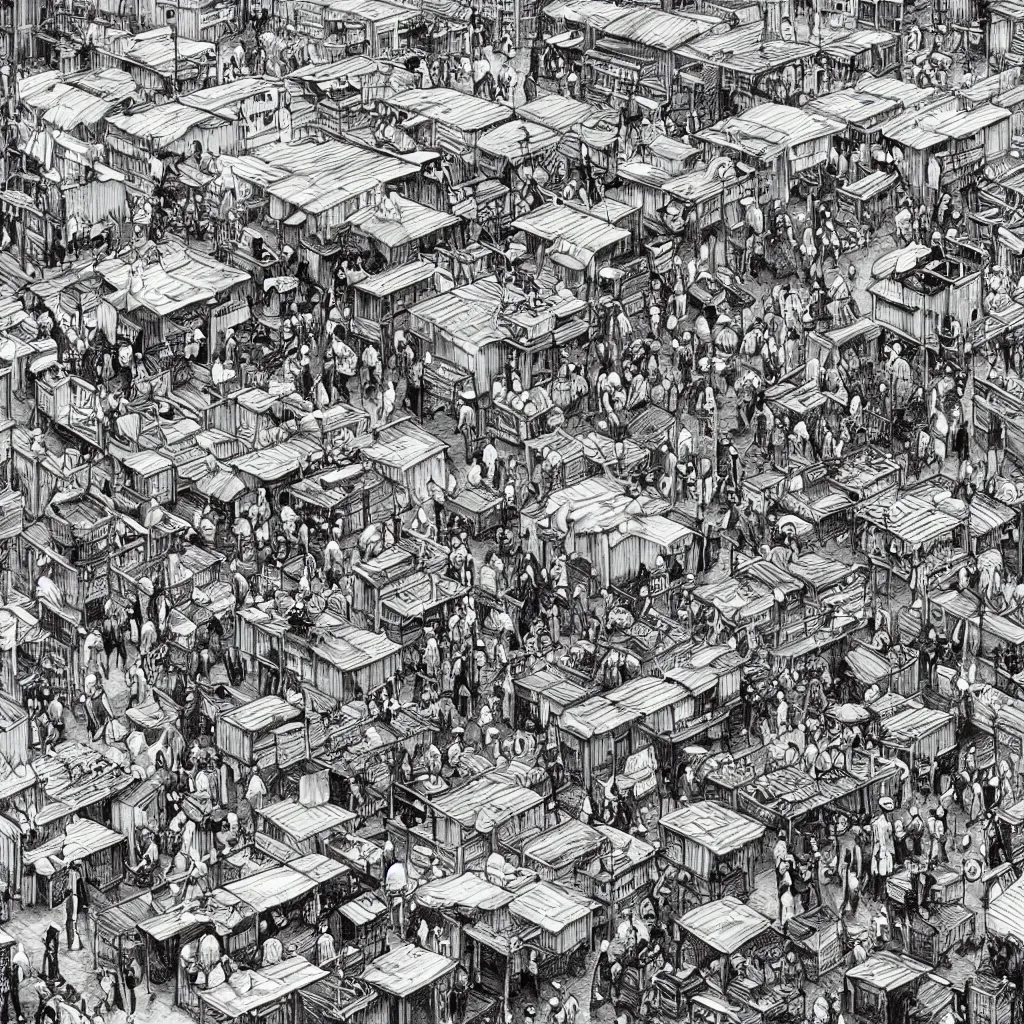 Image similar to a black and white drawing of a busy fish market stretching to the horizon, a storybook illustration by mattias adolfsson, behance contest winner, modern european ink painting, matte drawing, storybook illustration, panoramic, isometric