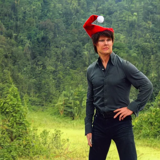 Prompt: tom cruise in costume with a christmas hat. tropical forest in the background with a biplan plane crashing on the trees