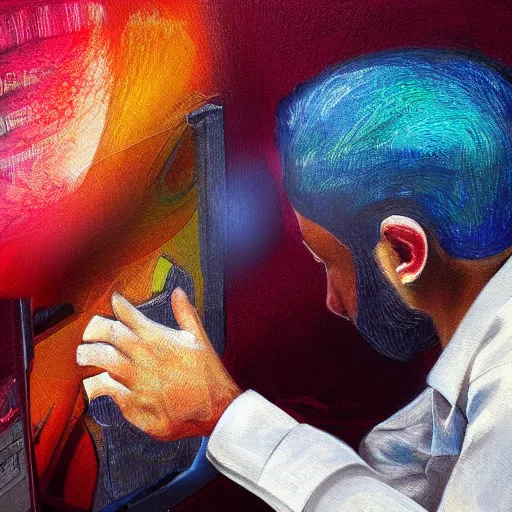 Prompt: a person feeling a lot of pain looking at a computer screen, highly detailed painting, 8 k, vibrant colors