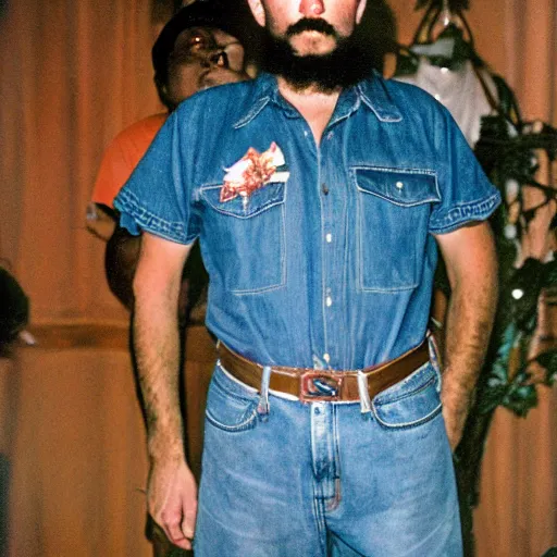 Image similar to fidel castro posing while wearing denim shorts, full body portrait, 3 5 mm film, by nan goldin