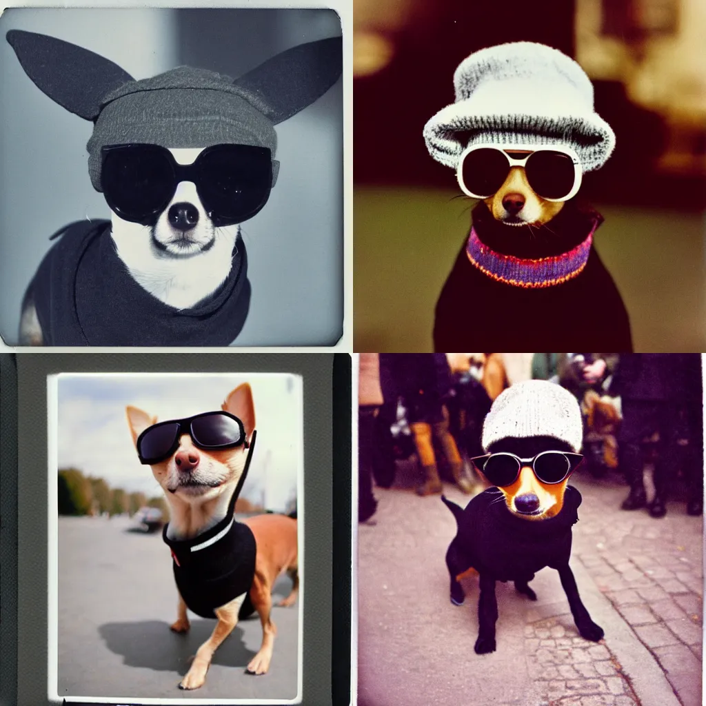 Prompt: a chihuahua wearing a turtleneck, beret and sunglasses, paris 2010, polaroid photo