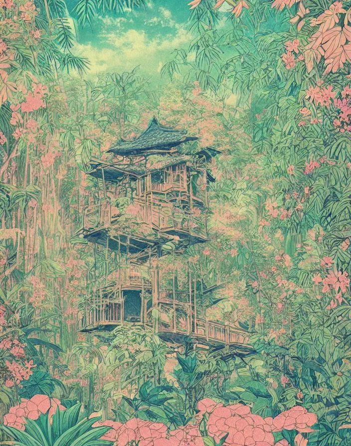 Image similar to floral jungle treehouse, Beautiful vintage Japanese poster, 10% surreal, risograph poster, beautiful colors, deep meaning, Intricate image, moving, Impressionist style, Ghibli art, high detail, dreamy, ethereal, subdued pastel palette