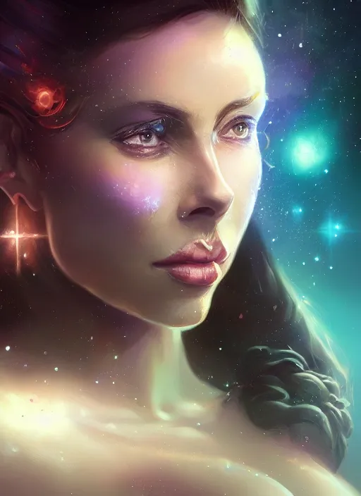 Image similar to beautiful portrait of gianna michaels, deep space background, by magali villeneuve and greg rutkowski and artgerm, intricate, elegant, highly detailed, photorealistic, trending on artstation, trending on cgsociety, 8 k, sharp focus