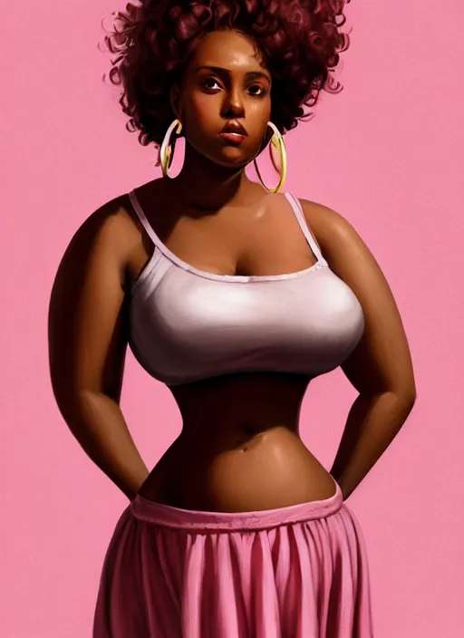 Image similar to full body portrait, teenage vanessa morgan, pink hair, brown skin, obese, curly pixie hair, sultry, realistic, short hair, hoop earrings, skirt, shirt, fat, belly, intricate, elegant, highly detailed, digital painting, artstation, concept art, smooth, sharp focus, illustration, art by wlop, mars ravelo and greg rutkowski