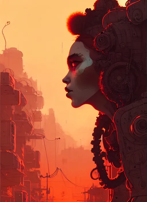 Image similar to highly detailed portrait of a wasteland long curly red hair tribal lady, stray wiring by atey ghailan, james gilleard, by joe fenton, by greg rutkowski, by greg tocchini, by kaethe butcher, 4 k resolution, gradient red, orange, black and white color scheme!!! ( ( burning robotic dystopian city background ) )