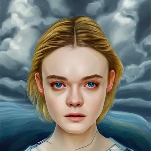 Prompt: professional painting of Elle Fanning in the style of Alien 1979, head and shoulders portrait, symmetrical facial features, smooth, sharp focus, illustration, intricate, stormy weather, extremely detailed masterpiece,
