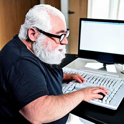 Image similar to a fat old man with a white beard typing on a mechanical keyboard in front of a computer, detailed,