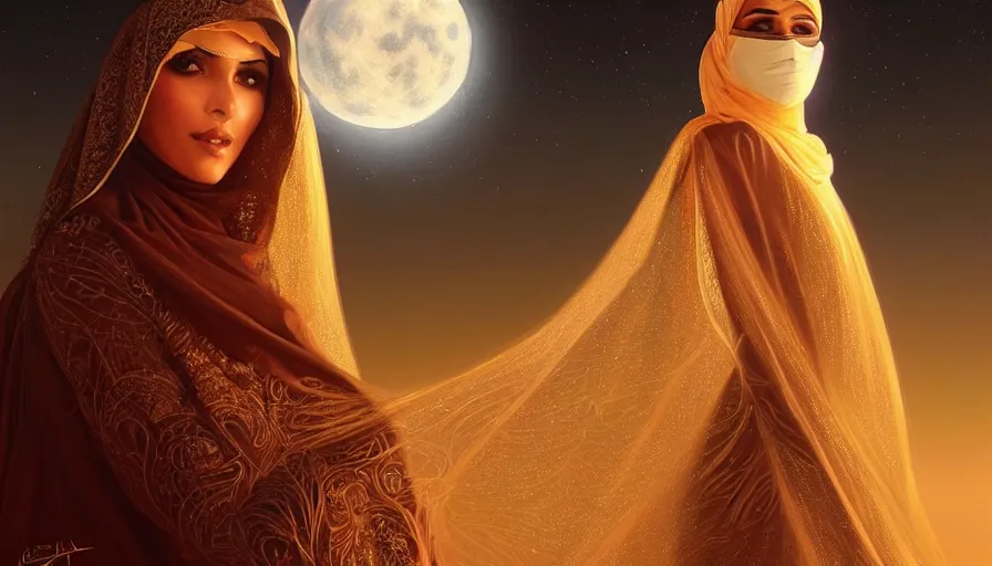 Image similar to Portrait of very very very very very very beautiful Arab woman wearing a Niqab, glowing magical eyes, energy trails, under giant full moon in the desert, intricate, elegant, highly detailed, digital painting, artstation, concept art, smooth, sharp focus, illustration, art by artgerm and greg rutkowski and alphonse mucha