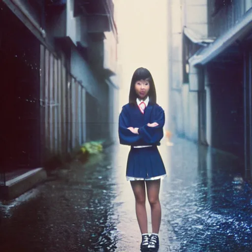 Image similar to 1990s perfect 8K HD professional cinematic photo of close-up japanese schoolgirl posing in sci-fi dystopian alleyway at morning during rain, at instagram, Behance, Adobe Lightroom, with instagram filters, depth of field, taken with polaroid kodak portra