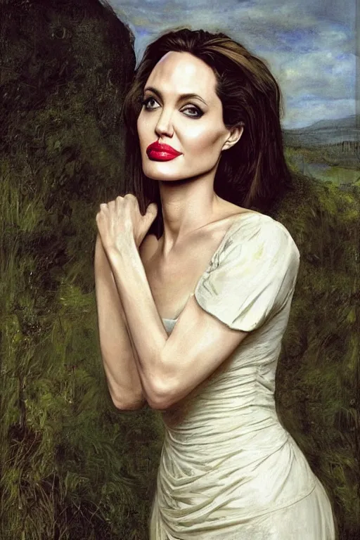 Prompt: a true-to-life portrait of Angelina Jolie against a backdrop of a time portal painted by John Everett Millais, real-life accurate, photoshoot