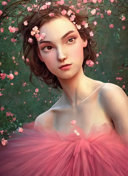 Prompt: stunningly beautiful face, prima ballerina in rose garden, symmetrical face, tutu, golden hour, smooth, focus, highly detailed, hyper realistic, ray tracing, dramatic lighting, elegant, intricate, concept art, art by wlop, mars ravelo, greg rutowski, artstation