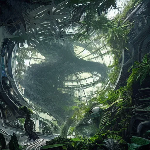 Image similar to epic, ultra detailed, hyper - real alien jungle by greg rutkowski inside a giant fractal dome by zaha hadid