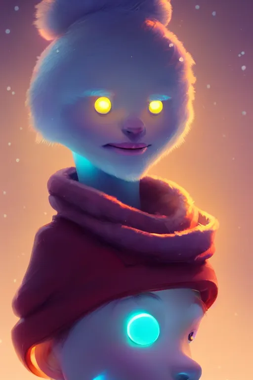 Image similar to super cute Bioluminescent snow nomad character concept, soft light, soft mood, realistic body features and face, illustration, painting oil on canvas by Elena Zhurikhina and Goro Fujita and Charlie Bowater, octane render trending on artstation, 4k, 8k, HD