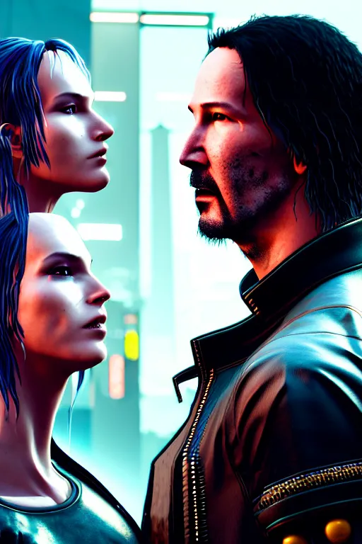 Image similar to cyberpunk 2077 couple portrait of Keanu Reeves and V in love story, fantasy, captivating dynamic facial expression, intricate, elegant, dramatic lighting, emotionally evoking symbolic metaphor, highly detailed, lifelike, photorealistic, digital painting, artstation, concept art, smooth, sharp focus, illustration, art by John Collier and Albert Aublet and Krenz Cushart and Artem Demura and Alphonse Mucha