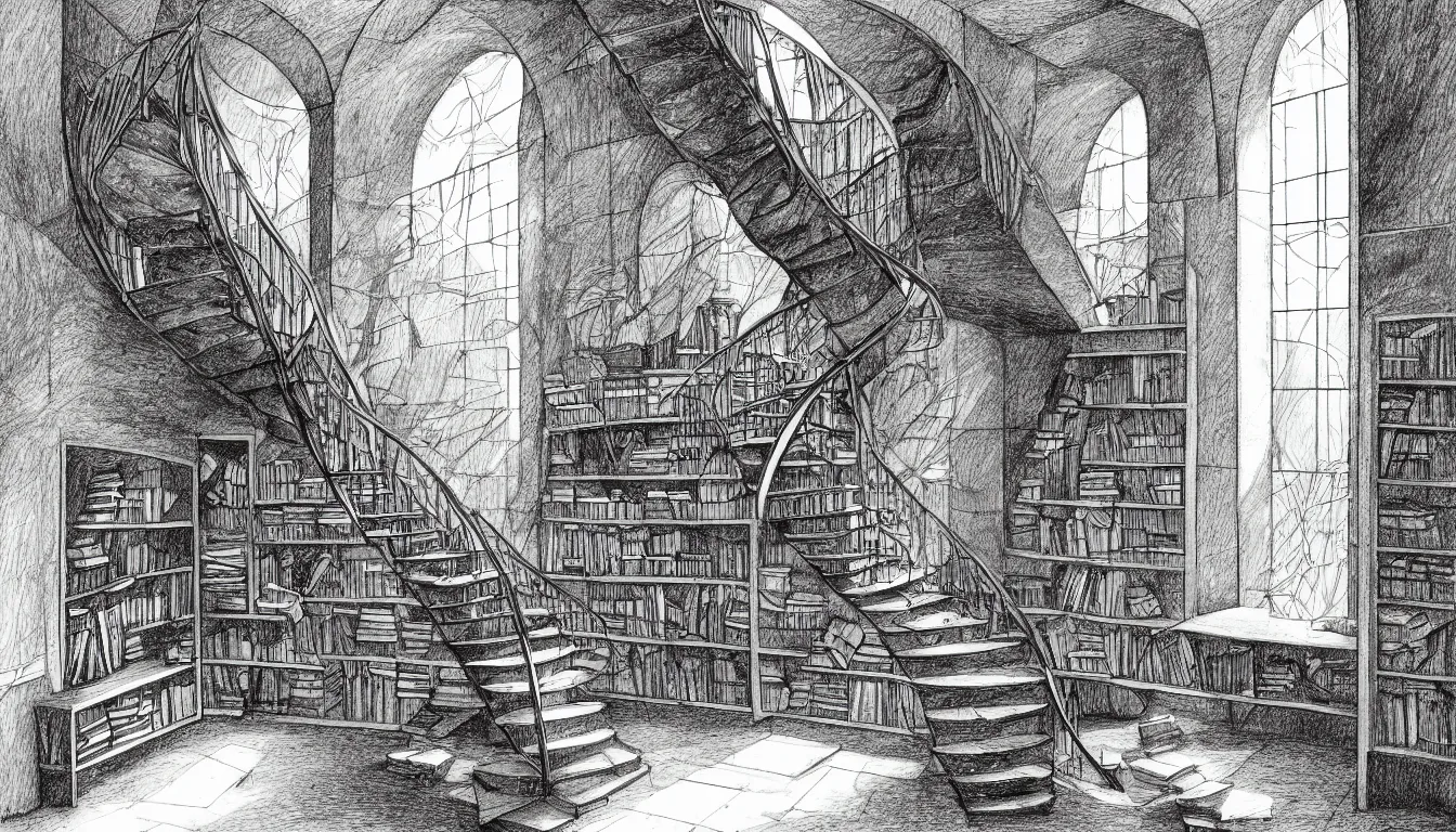 Prompt: intimate detailed stone room, full of windows streaming sunlight, spiralling staircase and shelves full of books, over grown vegetation falls from the ceiling, strong shadows, upscale, 8 k, masterpiece, pen and ink drawing,