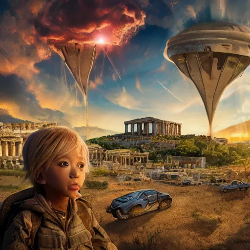 Prompt: Still from anime movie about Tiny Donald Trumps invasion Ancient Athens, UFOs, portrait, intricate, 8k highly professionally detailed, HDR, CGsociety